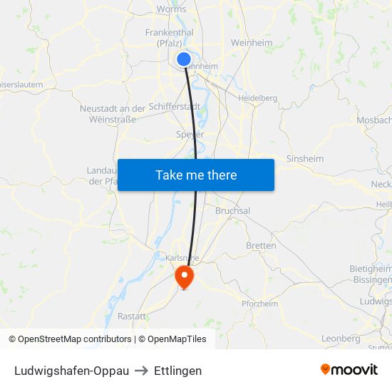 Ludwigshafen-Oppau to Ettlingen map