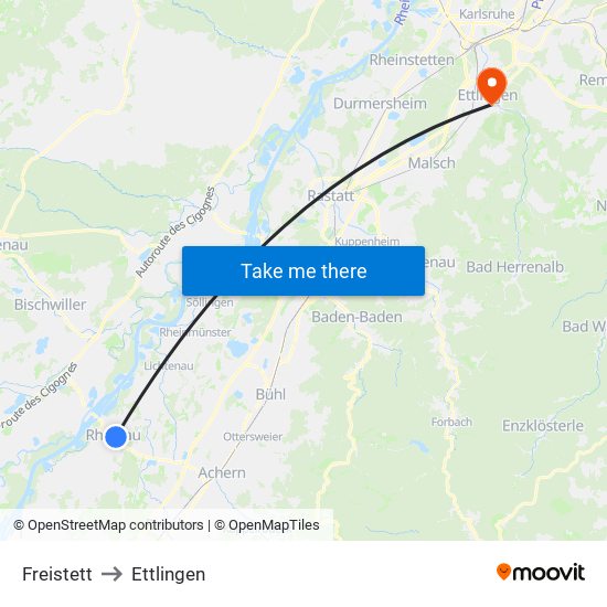 Freistett to Ettlingen map