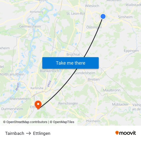 Tairnbach to Ettlingen map