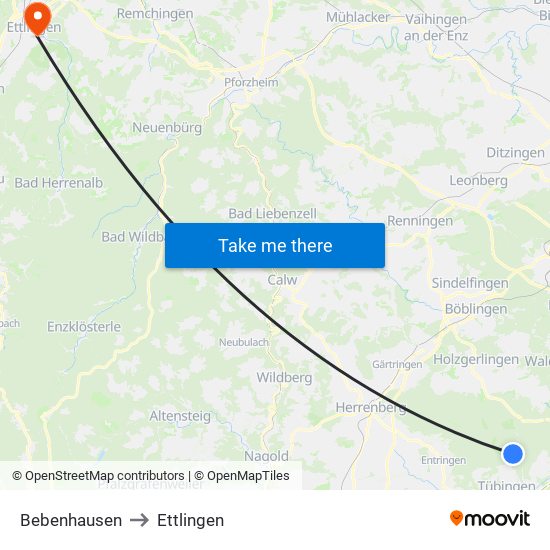 Bebenhausen to Ettlingen map