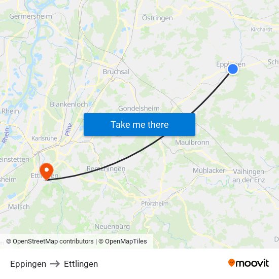 Eppingen to Ettlingen map