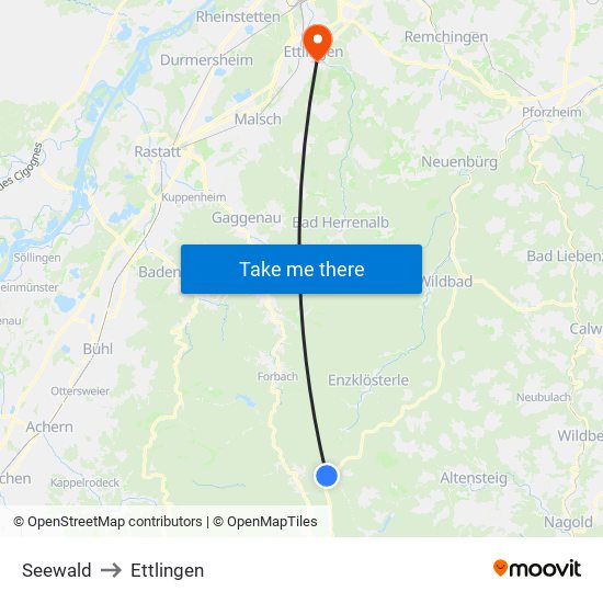 Seewald to Ettlingen map