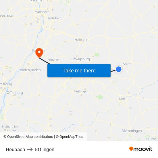 Heubach to Ettlingen map