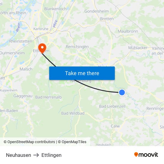 Neuhausen to Ettlingen map