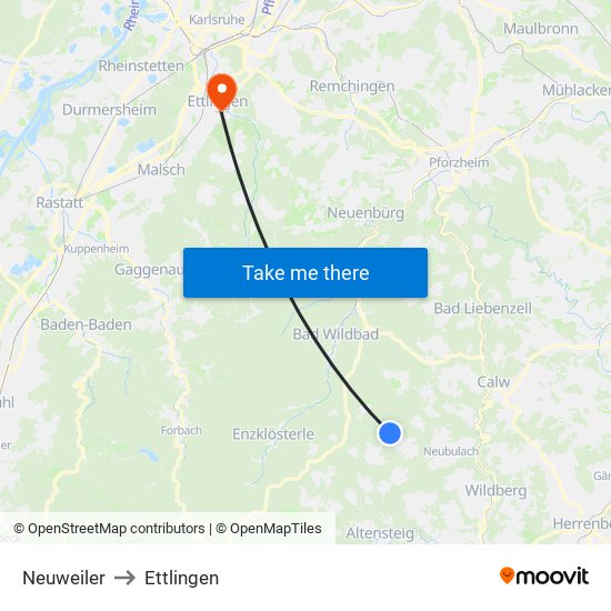 Neuweiler to Ettlingen map