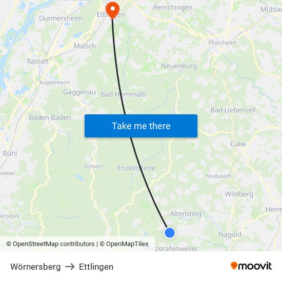 Wörnersberg to Ettlingen map