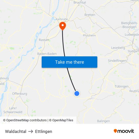 Waldachtal to Ettlingen map