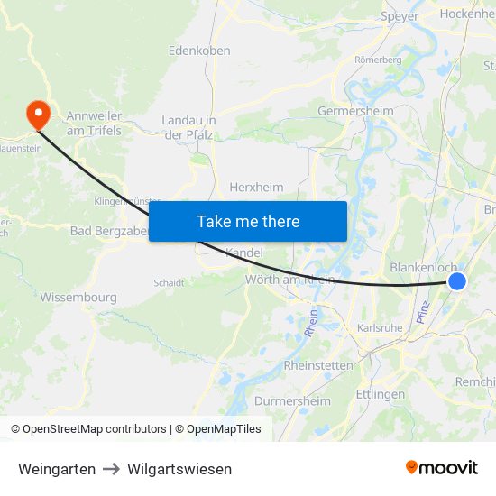 Weingarten to Wilgartswiesen map