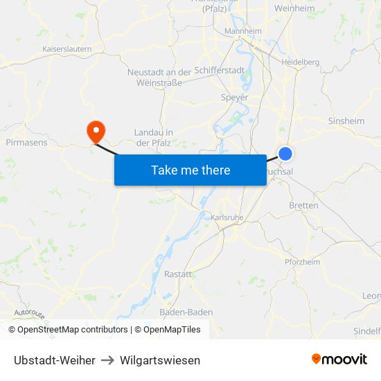 Ubstadt-Weiher to Wilgartswiesen map