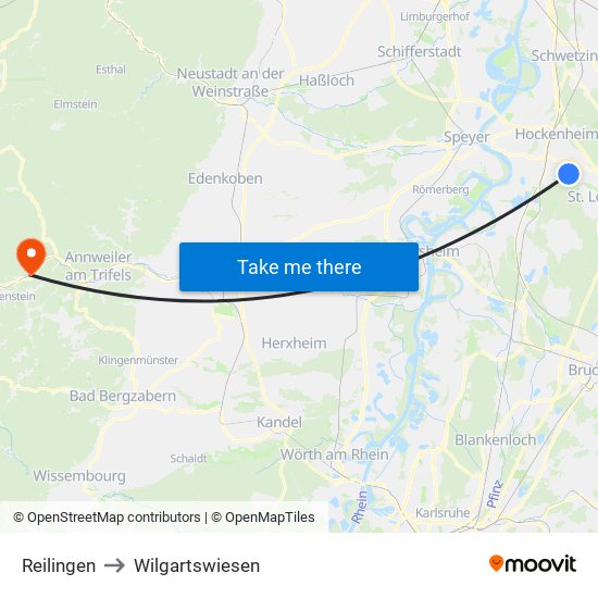 Reilingen to Wilgartswiesen map