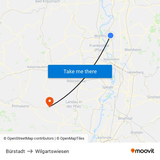 Bürstadt to Wilgartswiesen map