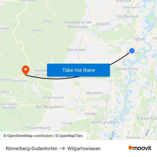 Römerberg-Dudenhofen to Wilgartswiesen map