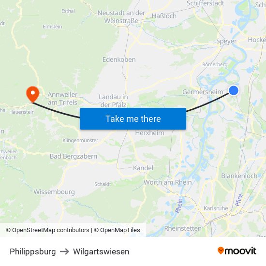 Philippsburg to Wilgartswiesen map