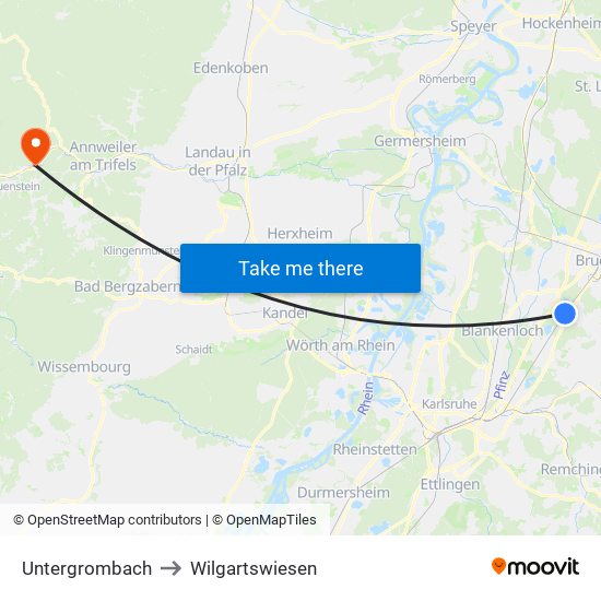 Untergrombach to Wilgartswiesen map