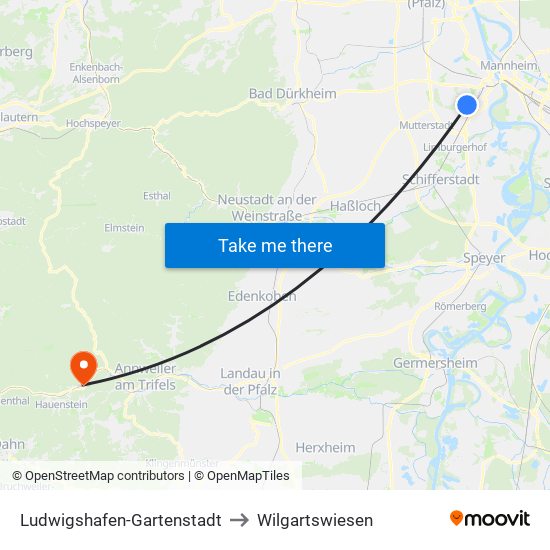 Ludwigshafen-Gartenstadt to Wilgartswiesen map