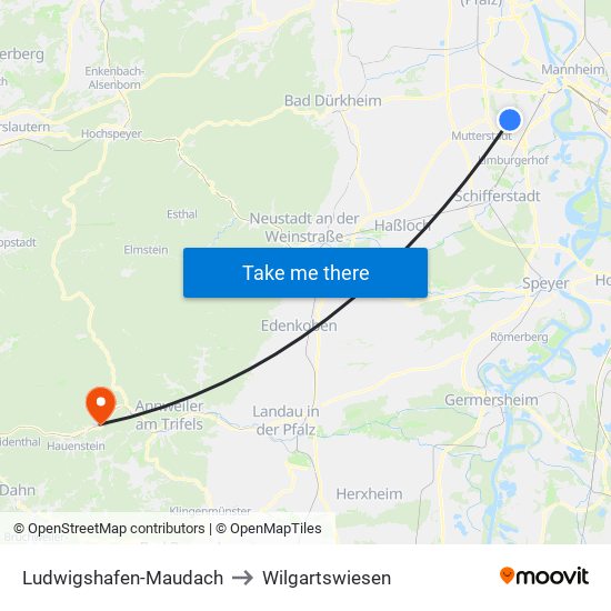 Ludwigshafen-Maudach to Wilgartswiesen map