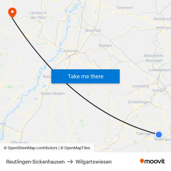 Reutlingen-Sickenhausen to Wilgartswiesen map