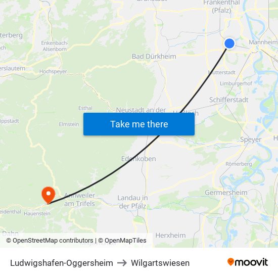 Ludwigshafen-Oggersheim to Wilgartswiesen map