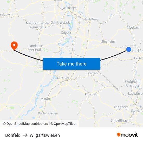 Bonfeld to Wilgartswiesen map