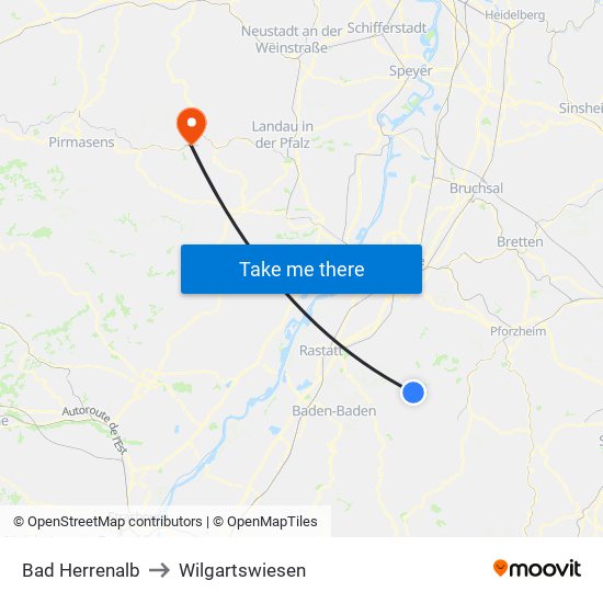 Bad Herrenalb to Wilgartswiesen map