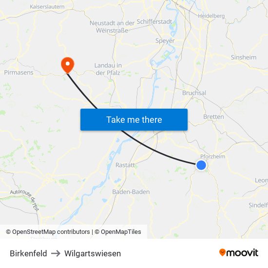 Birkenfeld to Wilgartswiesen map