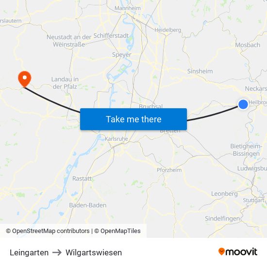 Leingarten to Wilgartswiesen map