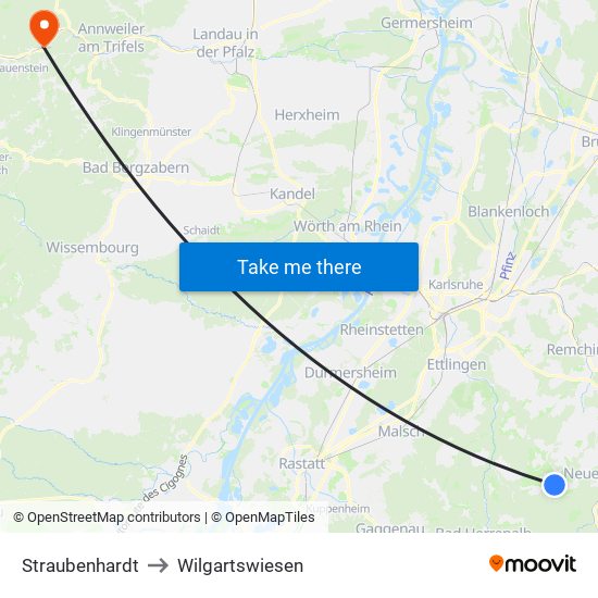 Straubenhardt to Wilgartswiesen map