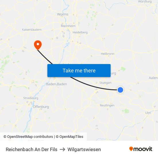 Reichenbach An Der Fils to Wilgartswiesen map