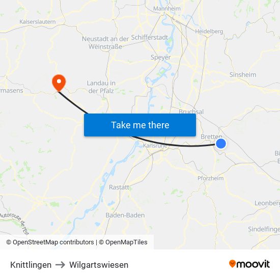 Knittlingen to Wilgartswiesen map