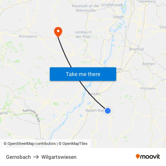 Gernsbach to Wilgartswiesen map
