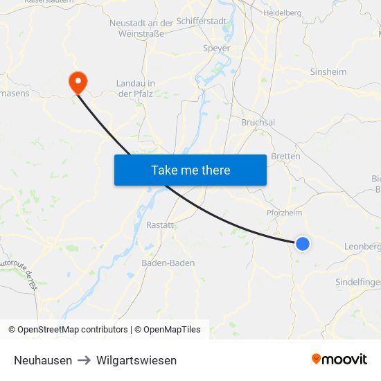 Neuhausen to Wilgartswiesen map