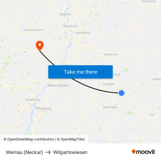 Wernau (Neckar) to Wilgartswiesen map