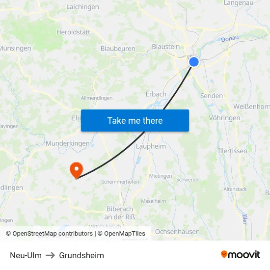 Neu-Ulm to Grundsheim map