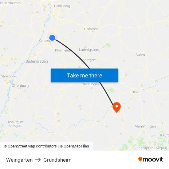 Weingarten to Grundsheim map