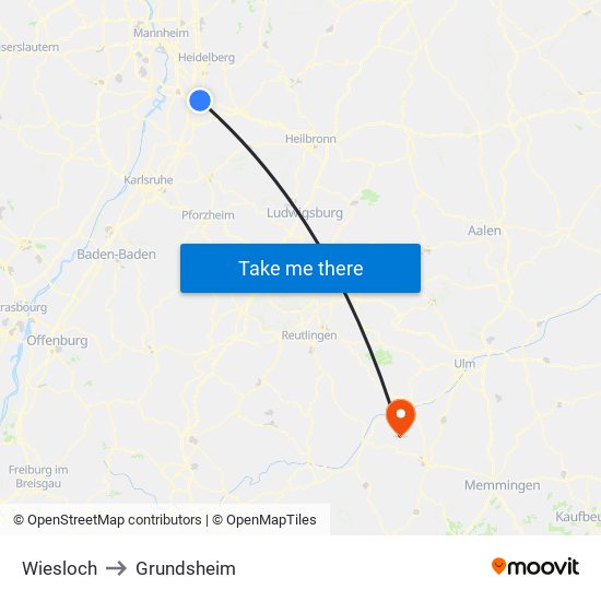 Wiesloch to Grundsheim map