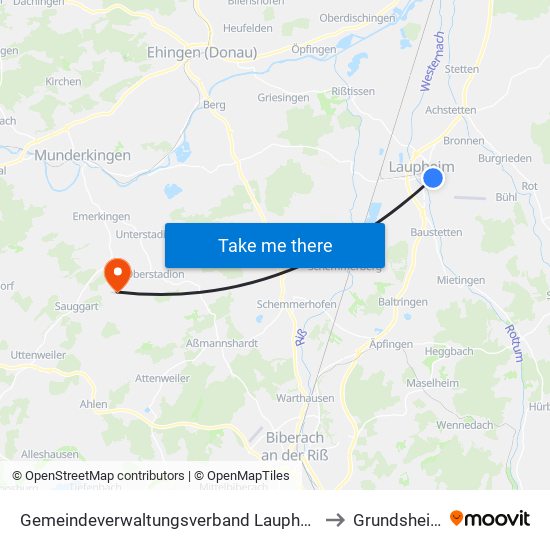 Gemeindeverwaltungsverband Laupheim to Grundsheim map