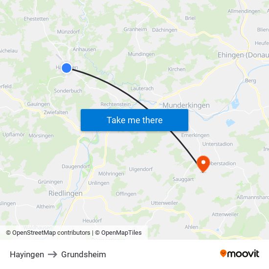 Hayingen to Grundsheim map