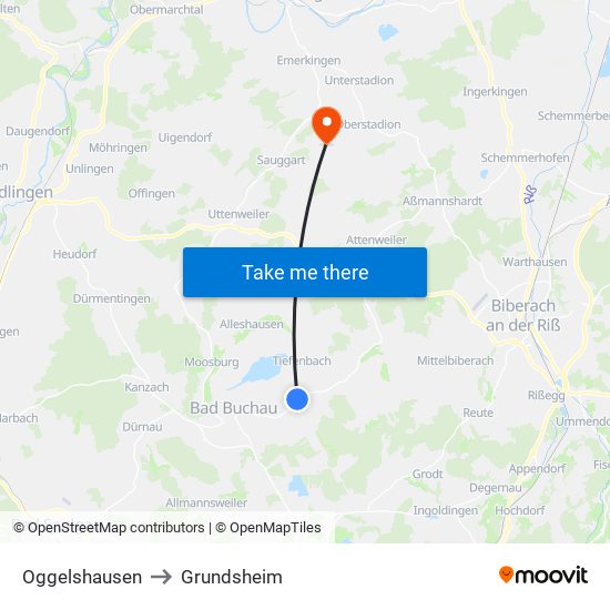 Oggelshausen to Grundsheim map