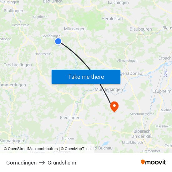 Gomadingen to Grundsheim map