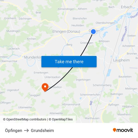 Öpfingen to Grundsheim map