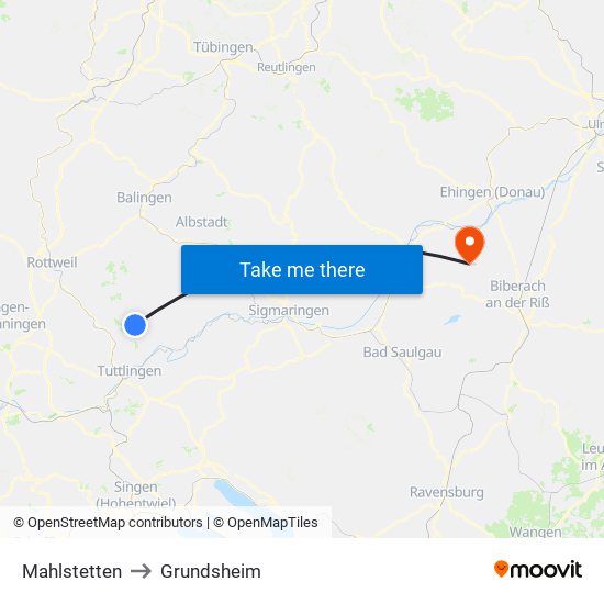 Mahlstetten to Grundsheim map