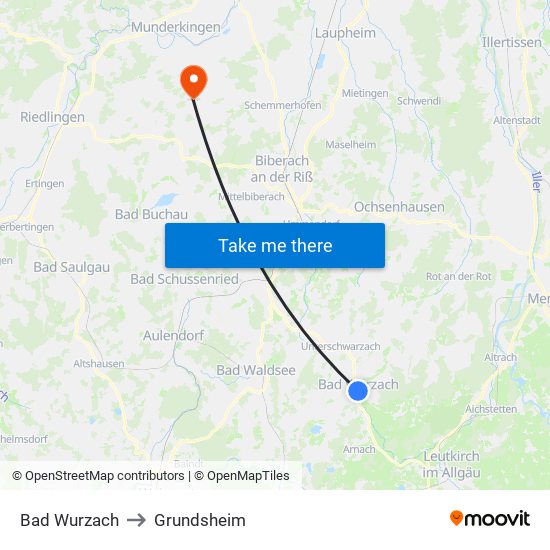 Bad Wurzach to Grundsheim map