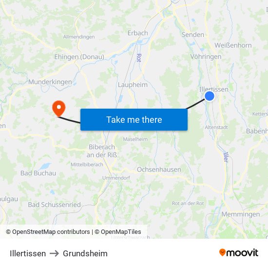 Illertissen to Grundsheim map