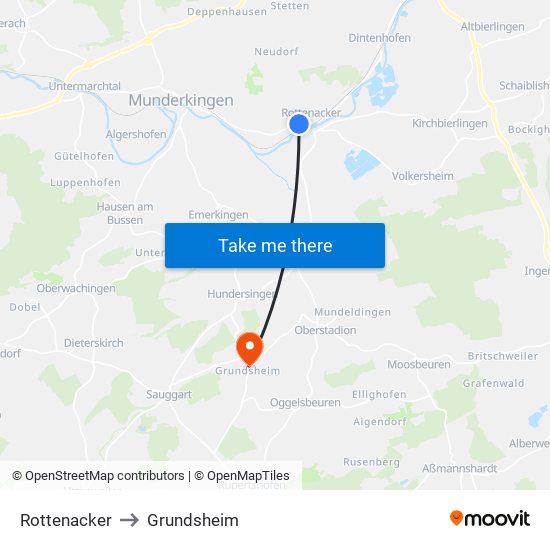 Rottenacker to Grundsheim map