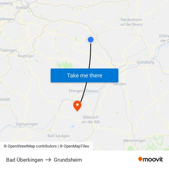 Bad Überkingen to Grundsheim map