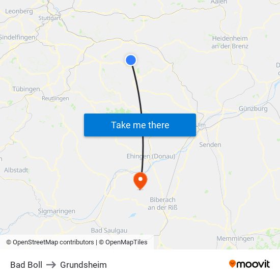 Bad Boll to Grundsheim map