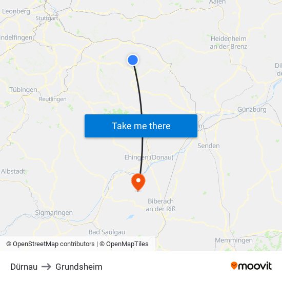 Dürnau to Grundsheim map