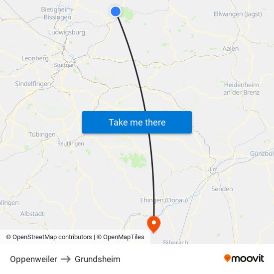 Oppenweiler to Grundsheim map