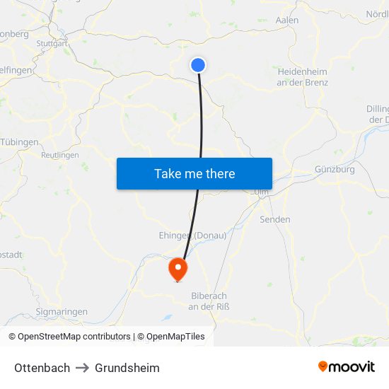 Ottenbach to Grundsheim map