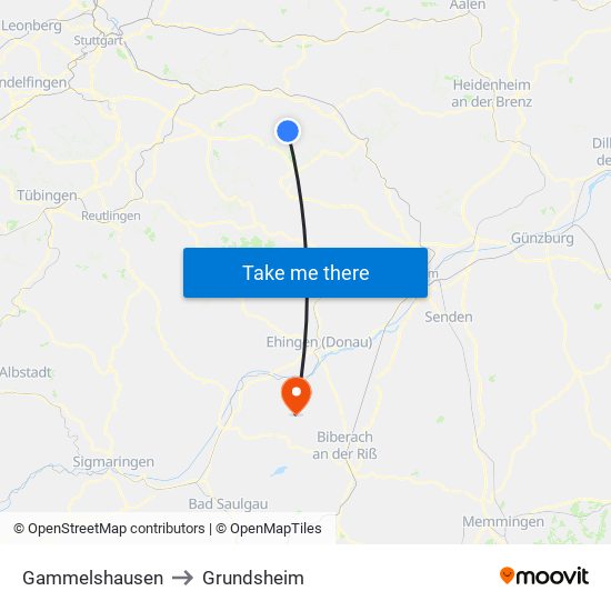 Gammelshausen to Grundsheim map